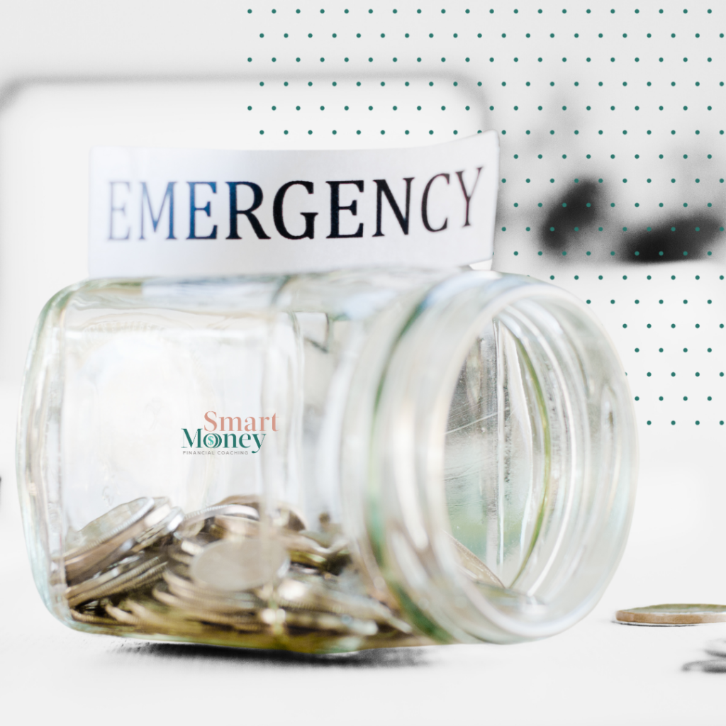 A glass jar labeled 'Emergency' tipped over with coins spilling out, representing financial planning and managing a pay cut.