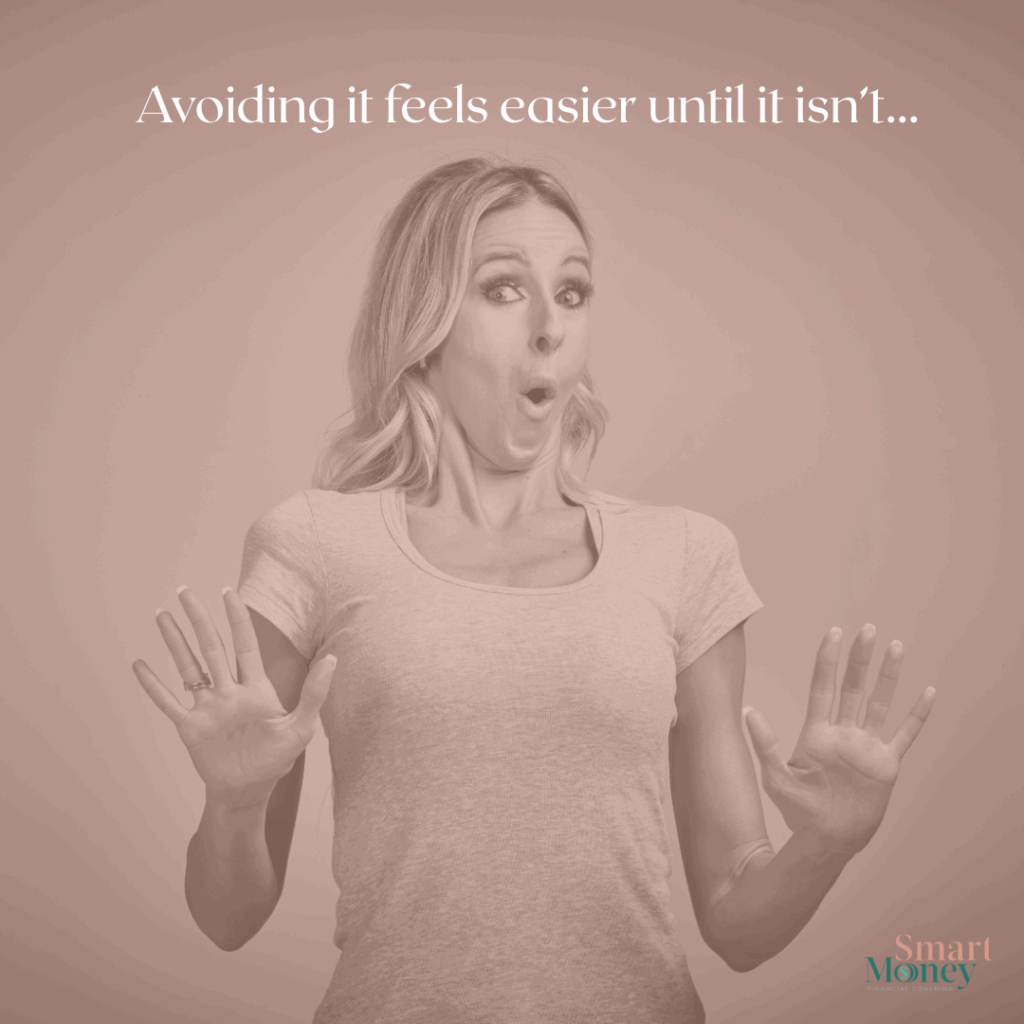 Woman looking shocked with hands up, paired with the phrase “Avoiding it feels easier until it isn’t,” representing the emotional impact of avoiding finances