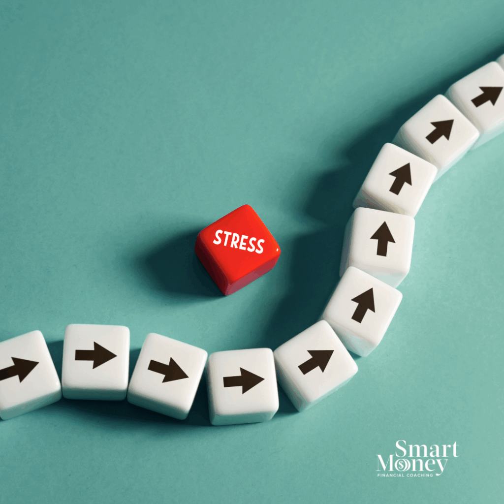 Red stress block disrupting a row of arrows, symbolizing how stress interferes with financial progress.