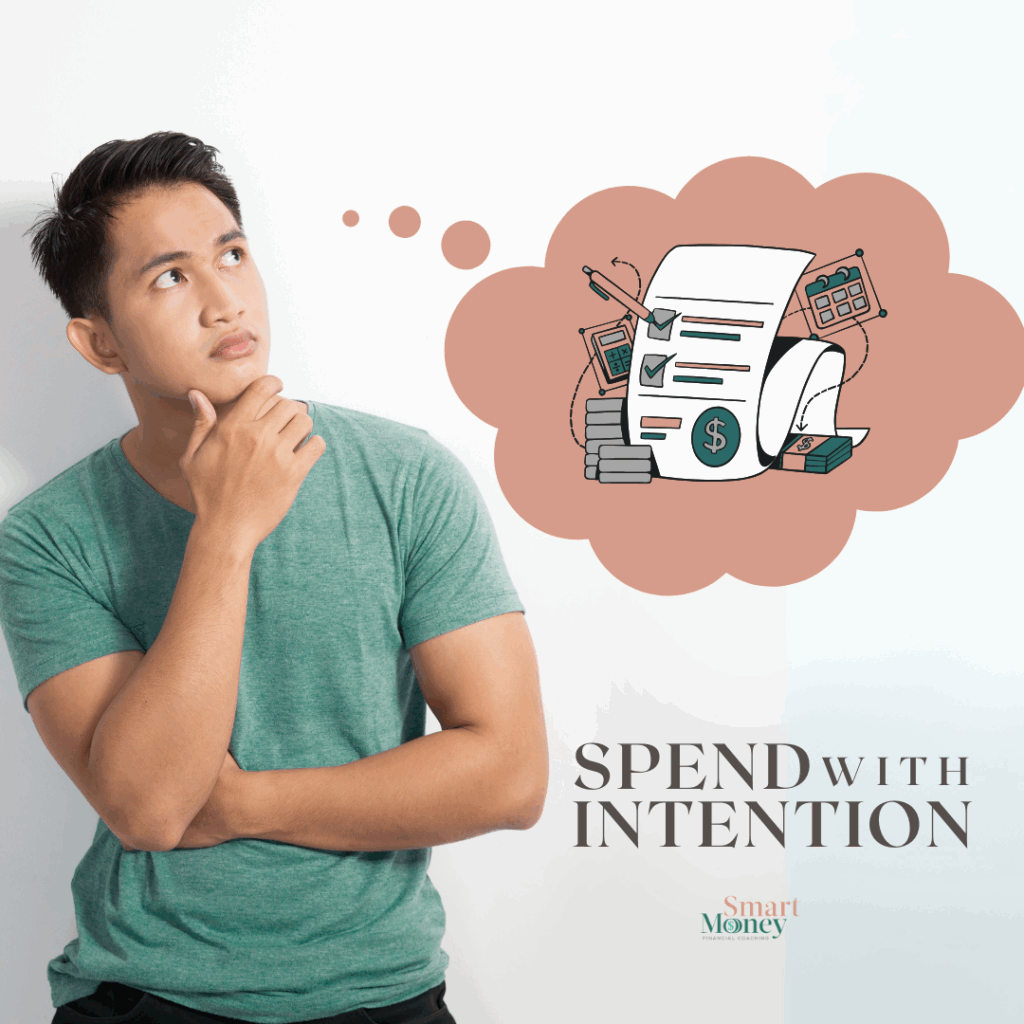 Man thinking about finances with icons representing budgeting, spending, and values — Spend with intention.