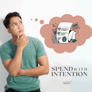 Man thinking about finances with icons representing budgeting, spending, and values — Spend with intention.