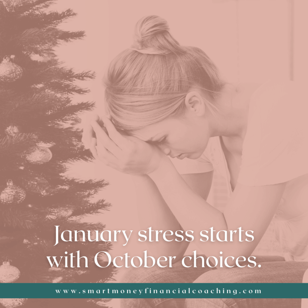 A woman sitting beside a Christmas tree looking stressed about holiday spending, illustrating the need for holiday financial planning to finish the year strong.