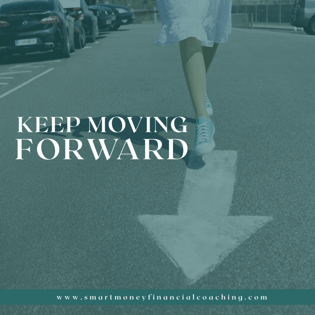 Woman walking forward with an arrow on the pavement, symbolizing progress and moving beyond living paycheck to paycheck. Text overlay reads Keep Moving Forwar