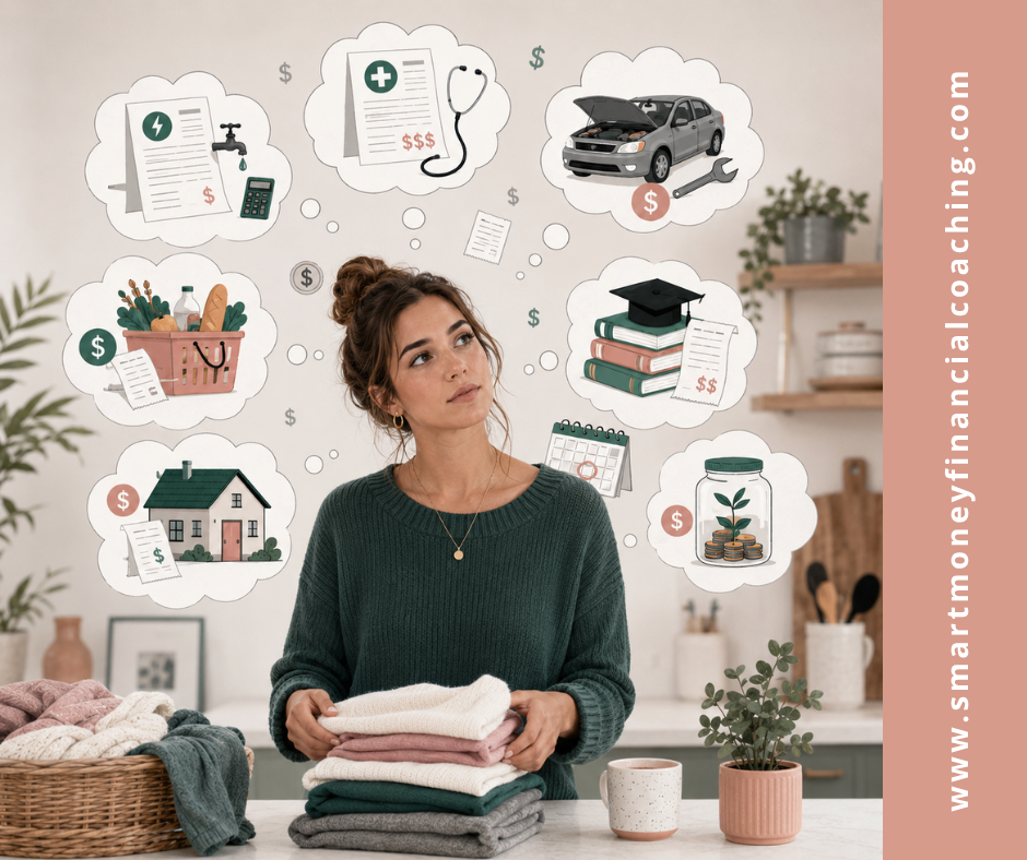 Woman doing laundry while thinking about bills, groceries, car repairs, medical expenses, college costs and savings, illustrating the mental load of money.