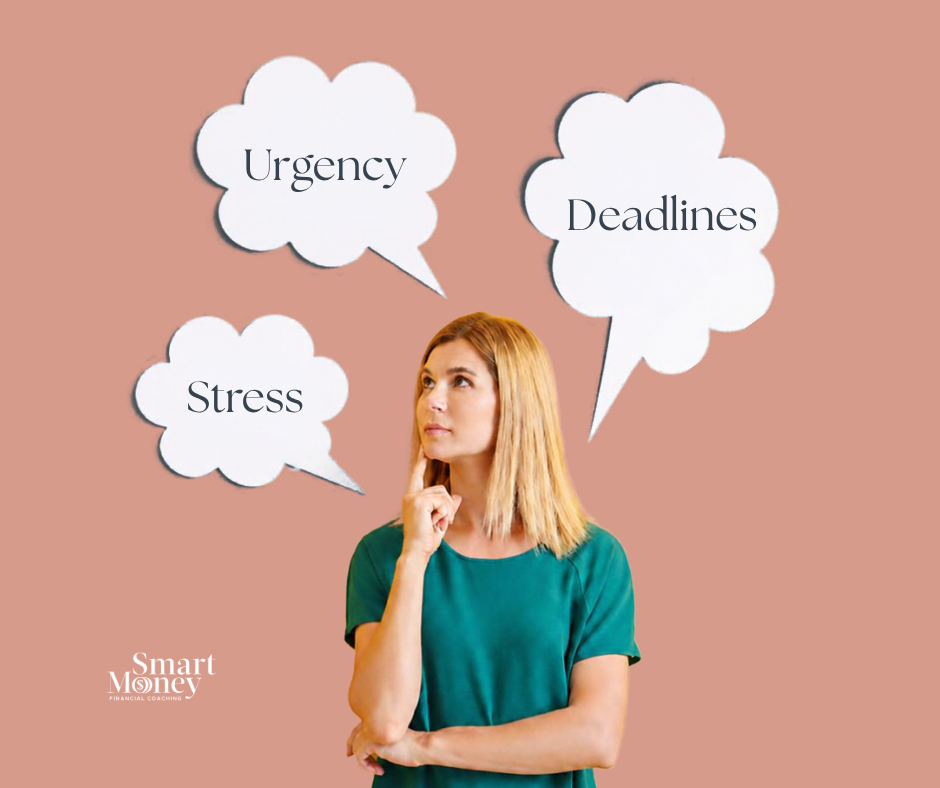 Woman considering deadlines, urgency, and stress when prioritizing financial goals